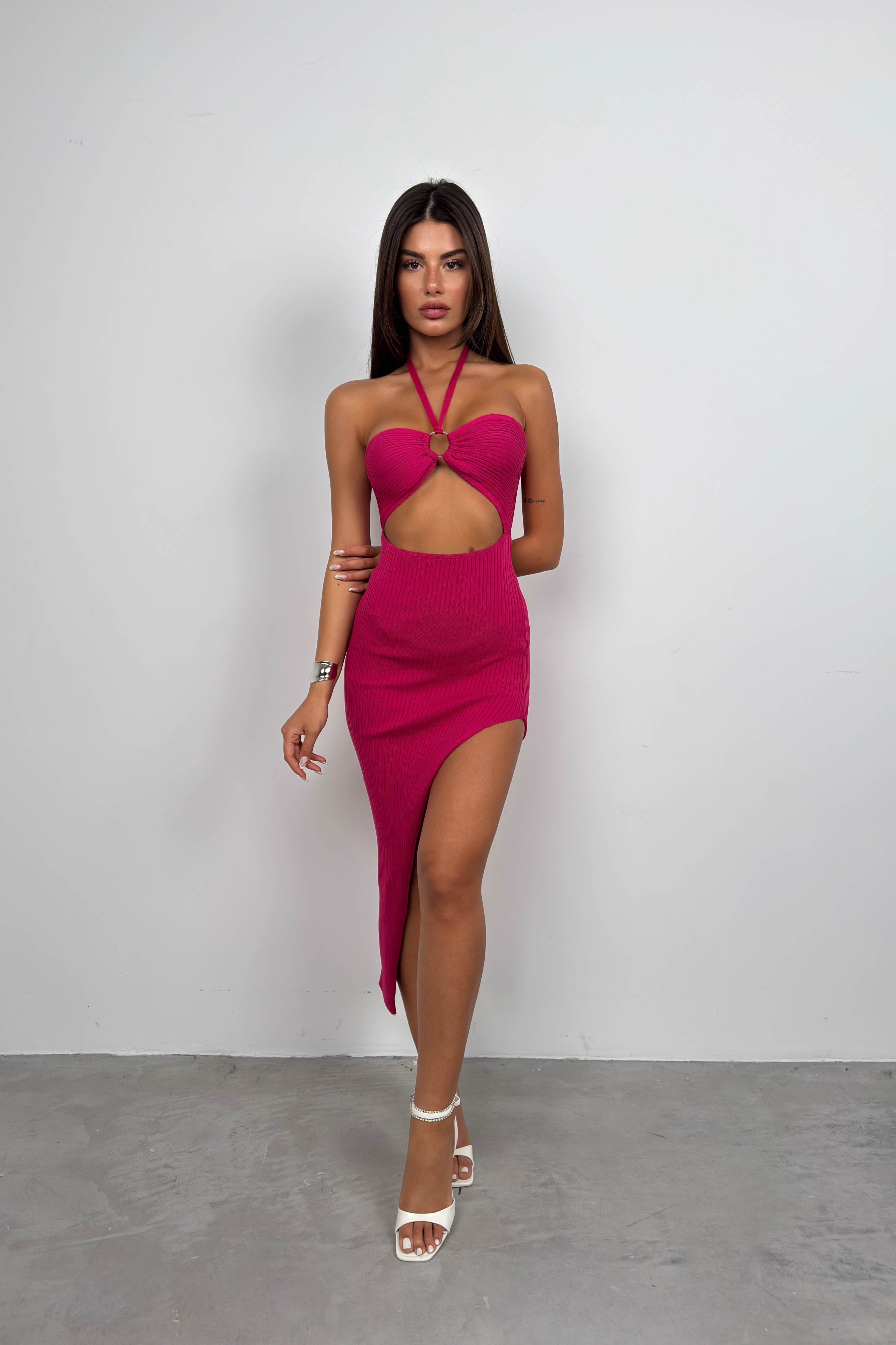 Neck Band Fuchsia Slit Dress