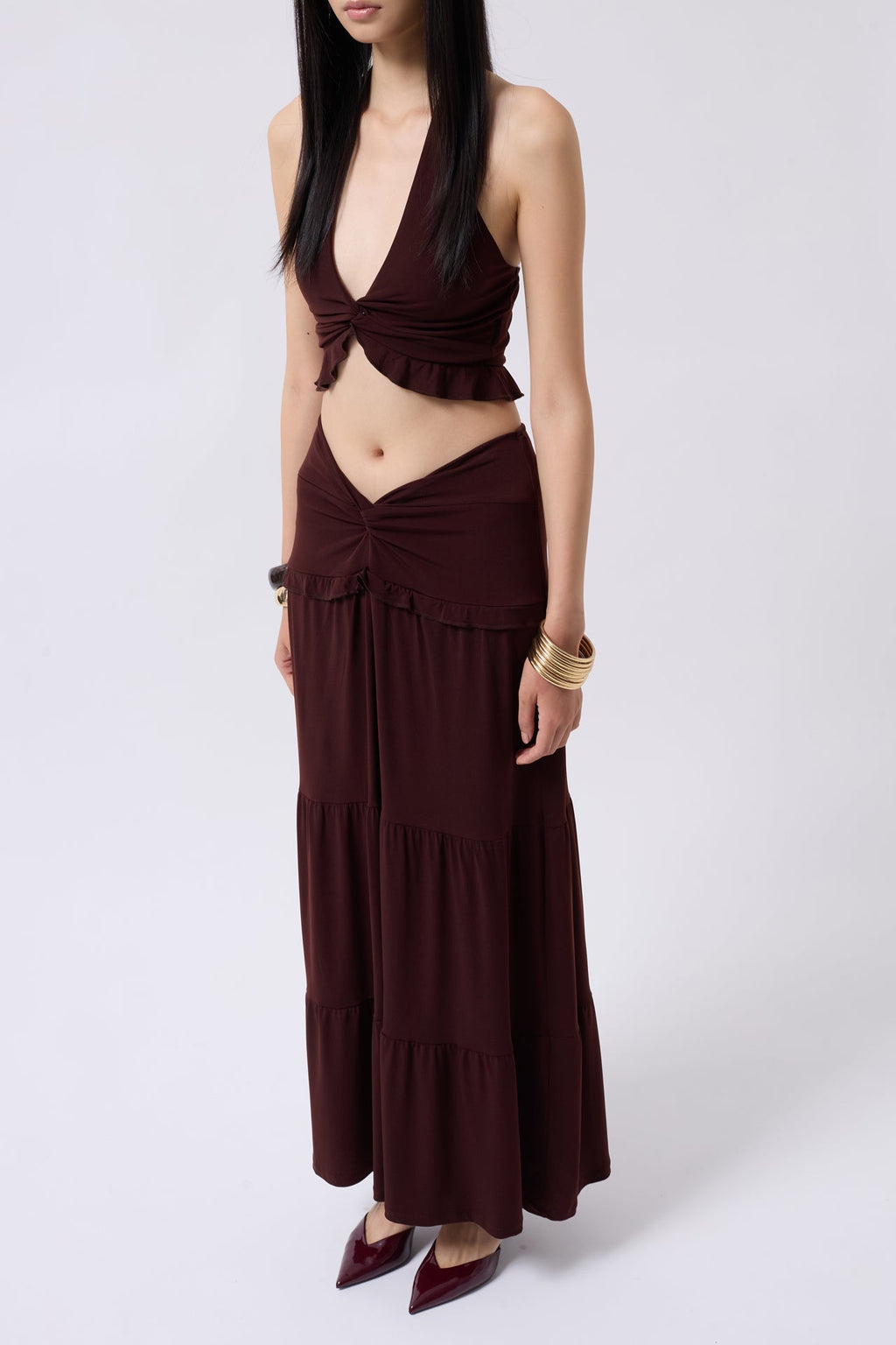 Ruched Detail Asymmetric Waist Brown Skirt