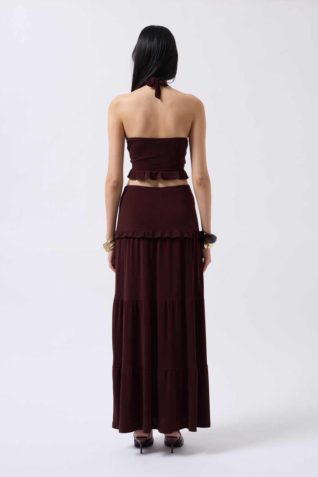 Ruched Detail Asymmetric Waist Brown Skirt
