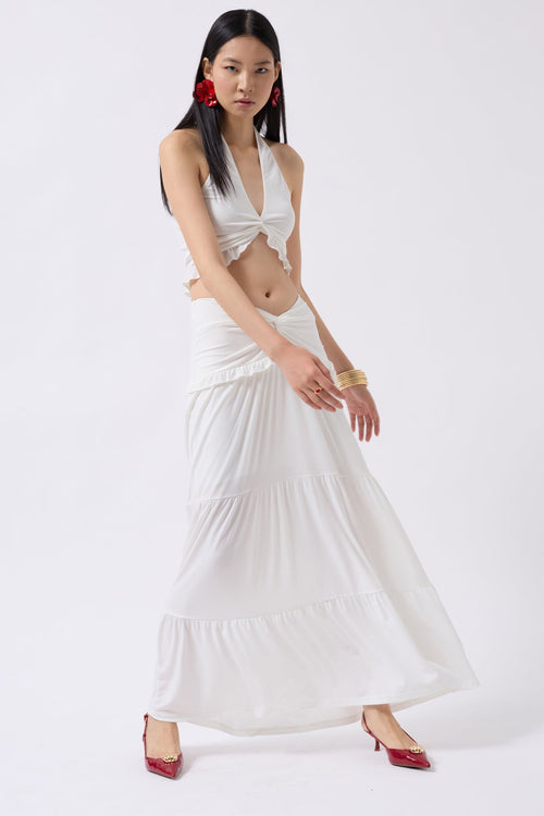 Asymmetric Waist Ecru Skirt with Gathered Detail
