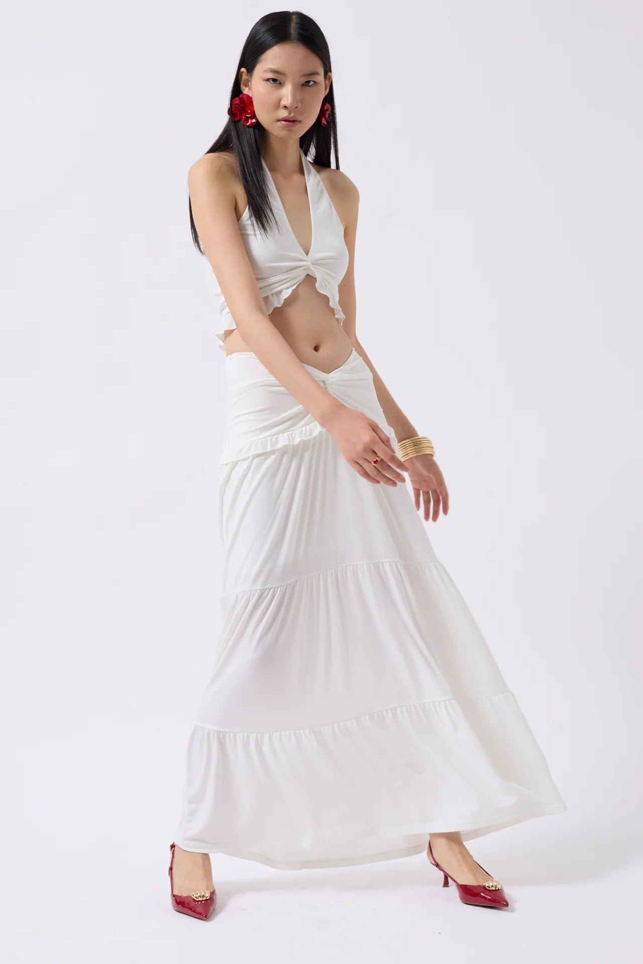 Asymmetric Waist Ecru Skirt with Gathered Detail