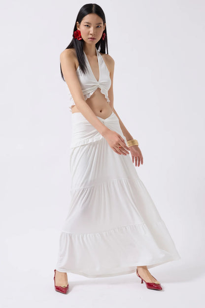Asymmetric Waist Ecru Skirt with Gathered Detail