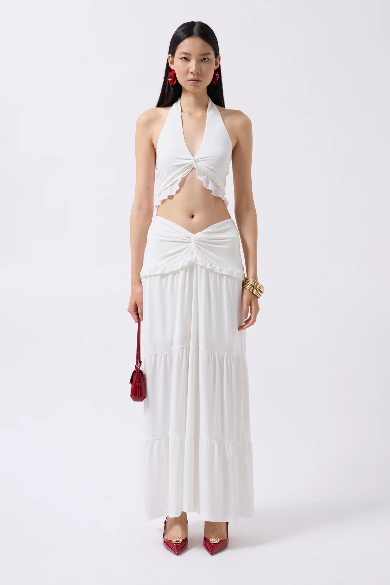 Asymmetric Waist Ecru Skirt with Gathered Detail