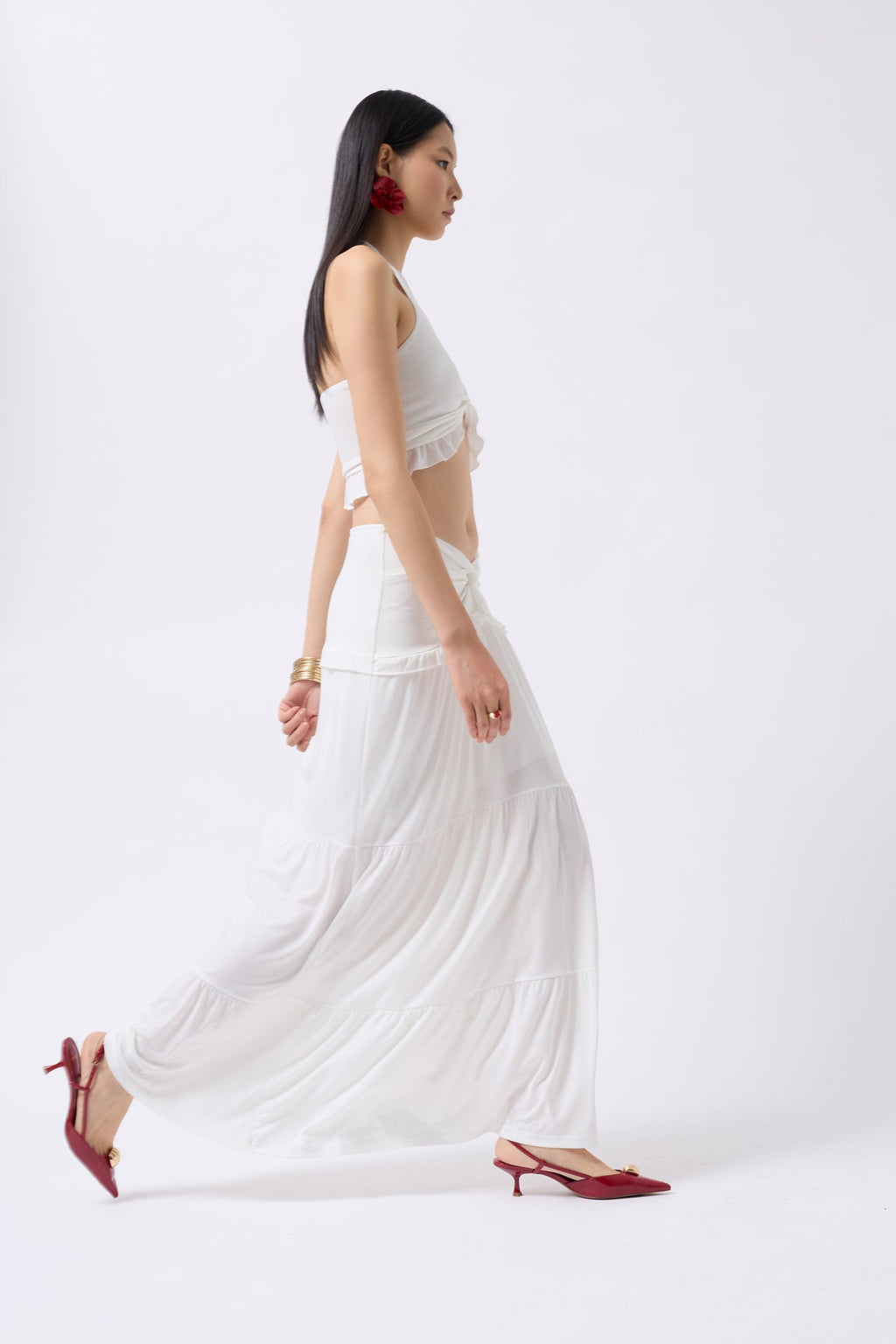 Ruched Detail Asymmetric Waist Ecru Skirt