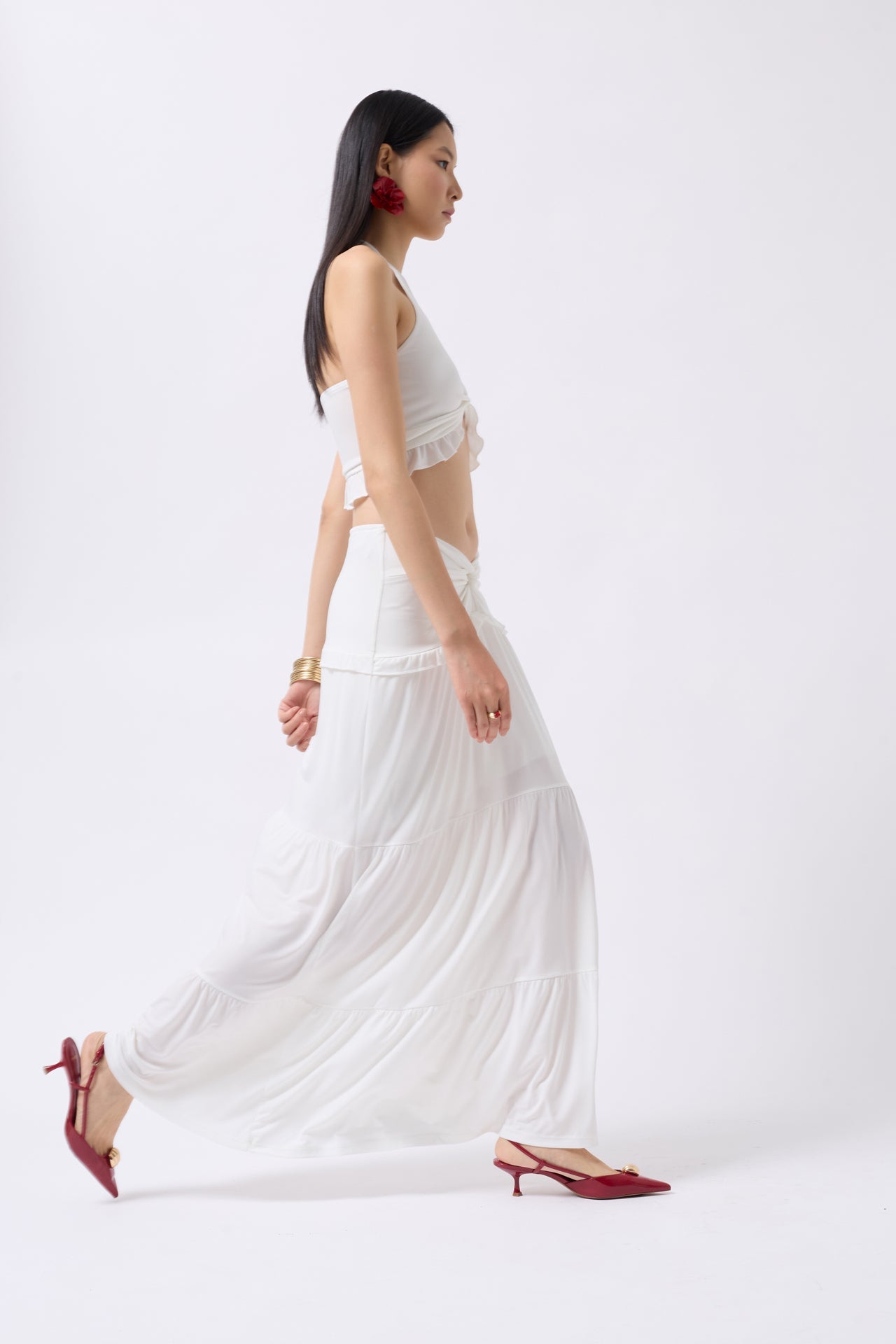 Ruched Detail Asymmetric Waist Ecru Skirt