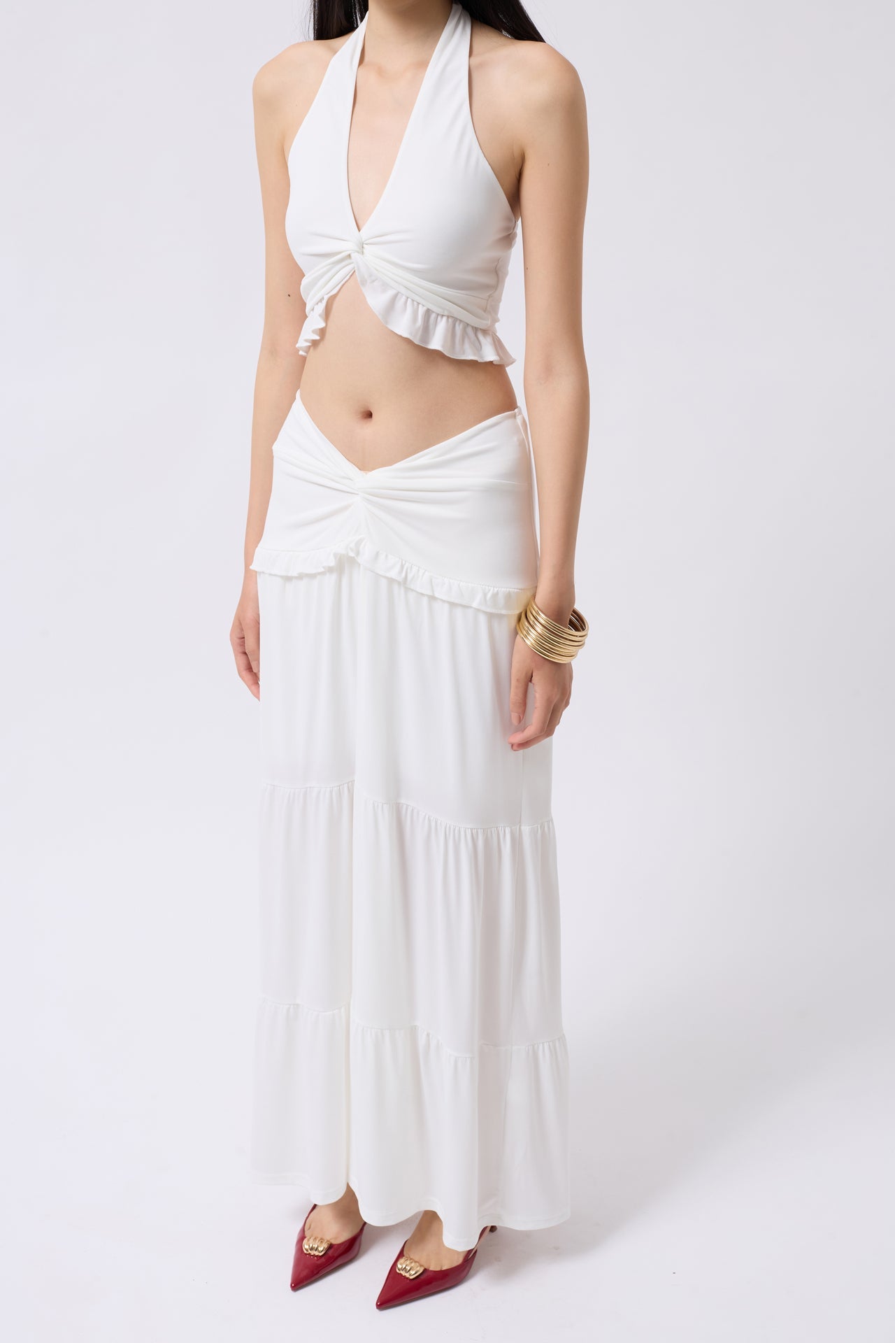 Ruched Detail Asymmetric Waist Ecru Skirt