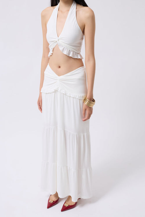 Asymmetric Waist Ecru Skirt with Gathered Detail