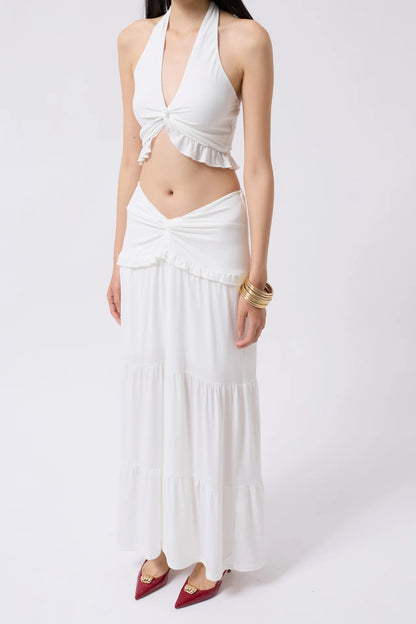 Asymmetric Waist Ecru Skirt with Gathered Detail