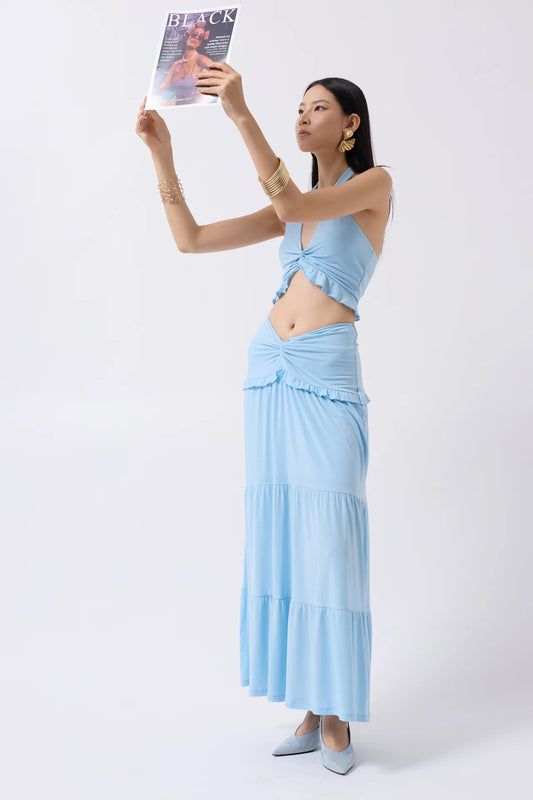 Gathered Detail Asymmetric Waist Baby Blue Skirt