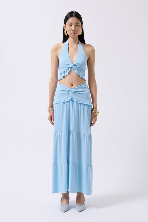 Asymmetric Waist Baby Blue Skirt with Gathered Detail