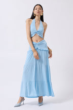 Ruched Detail Asymmetric Waist Baby Blue Skirt