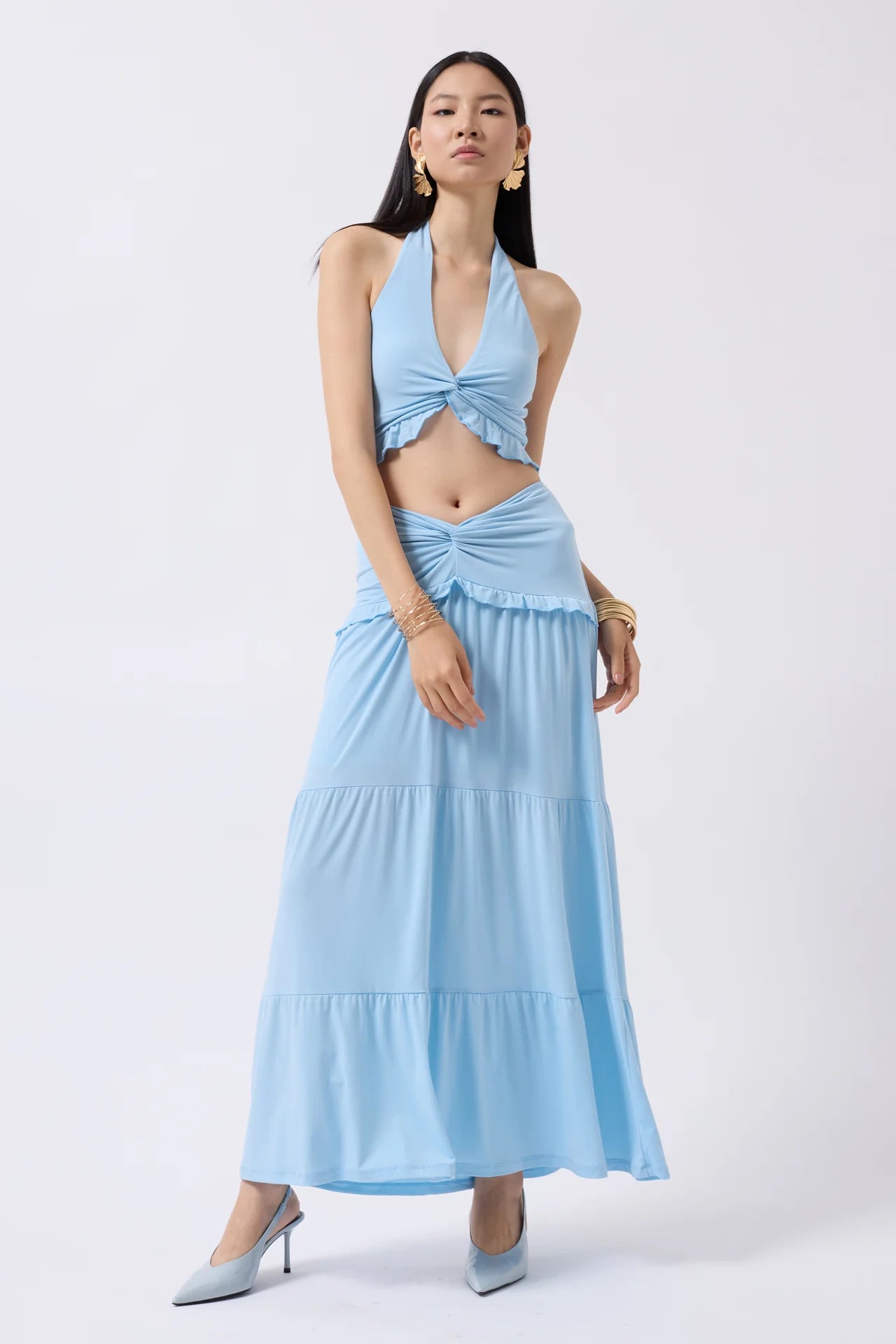 Gathered Detail Asymmetric Waist Baby Blue Skirt