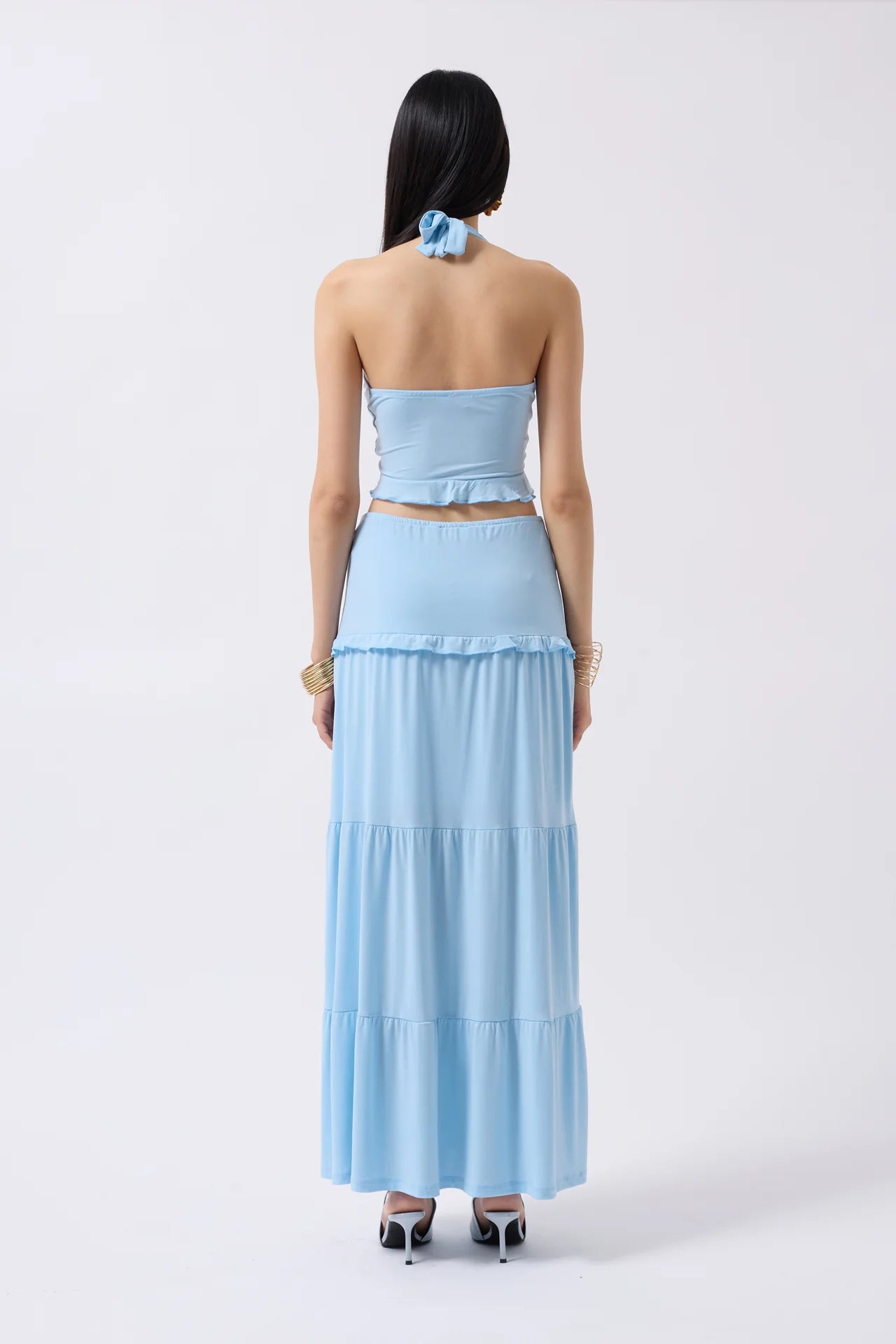 Gathered Detail Asymmetric Waist Baby Blue Skirt