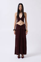 Ruched Detail Asymmetric Waist Brown Skirt