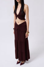 Ruched Detail Asymmetric Waist Brown Skirt