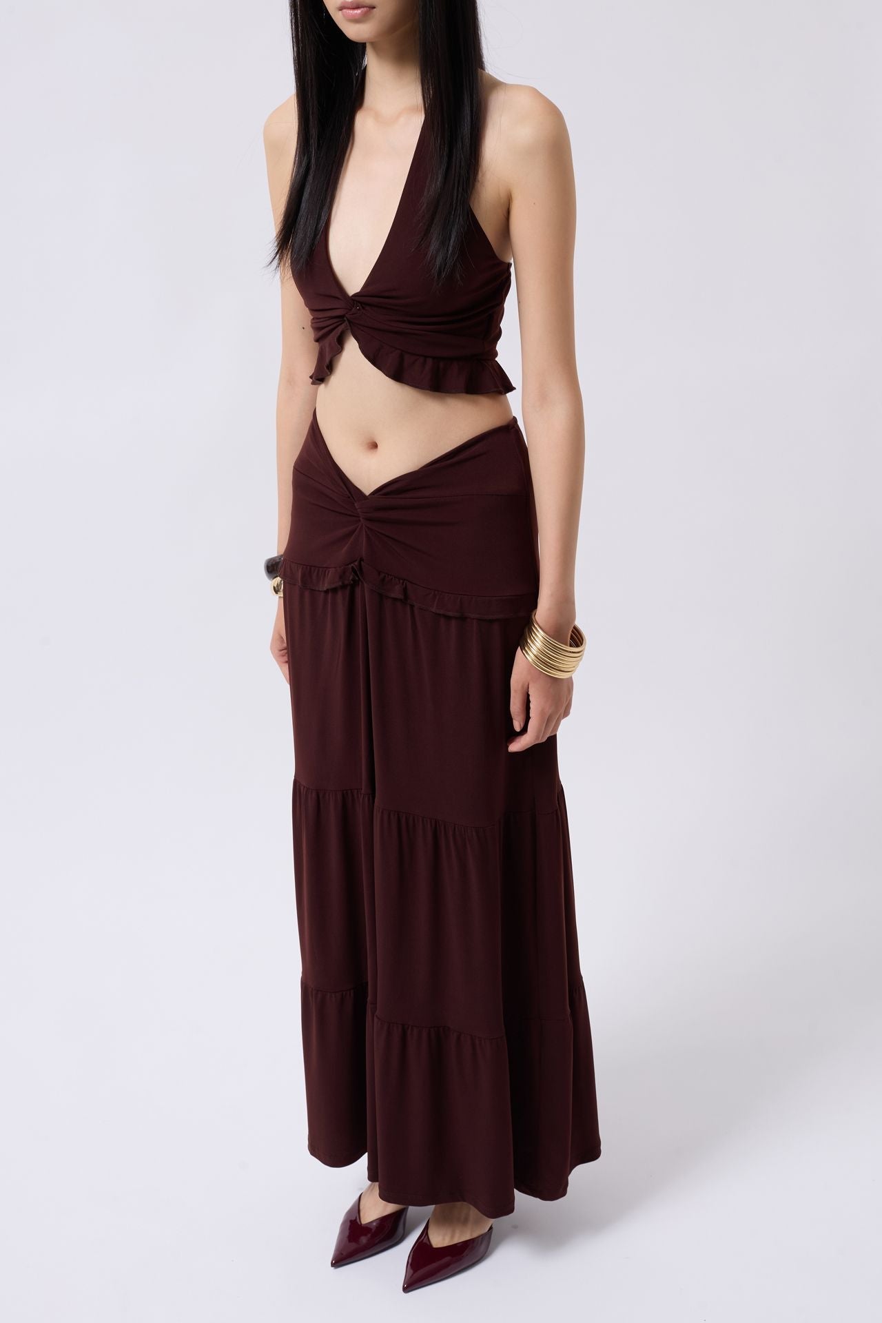 Ruched Detail Asymmetric Waist Brown Skirt