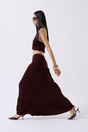 Gathered Detail Asymmetric Waist Brown Skirt
