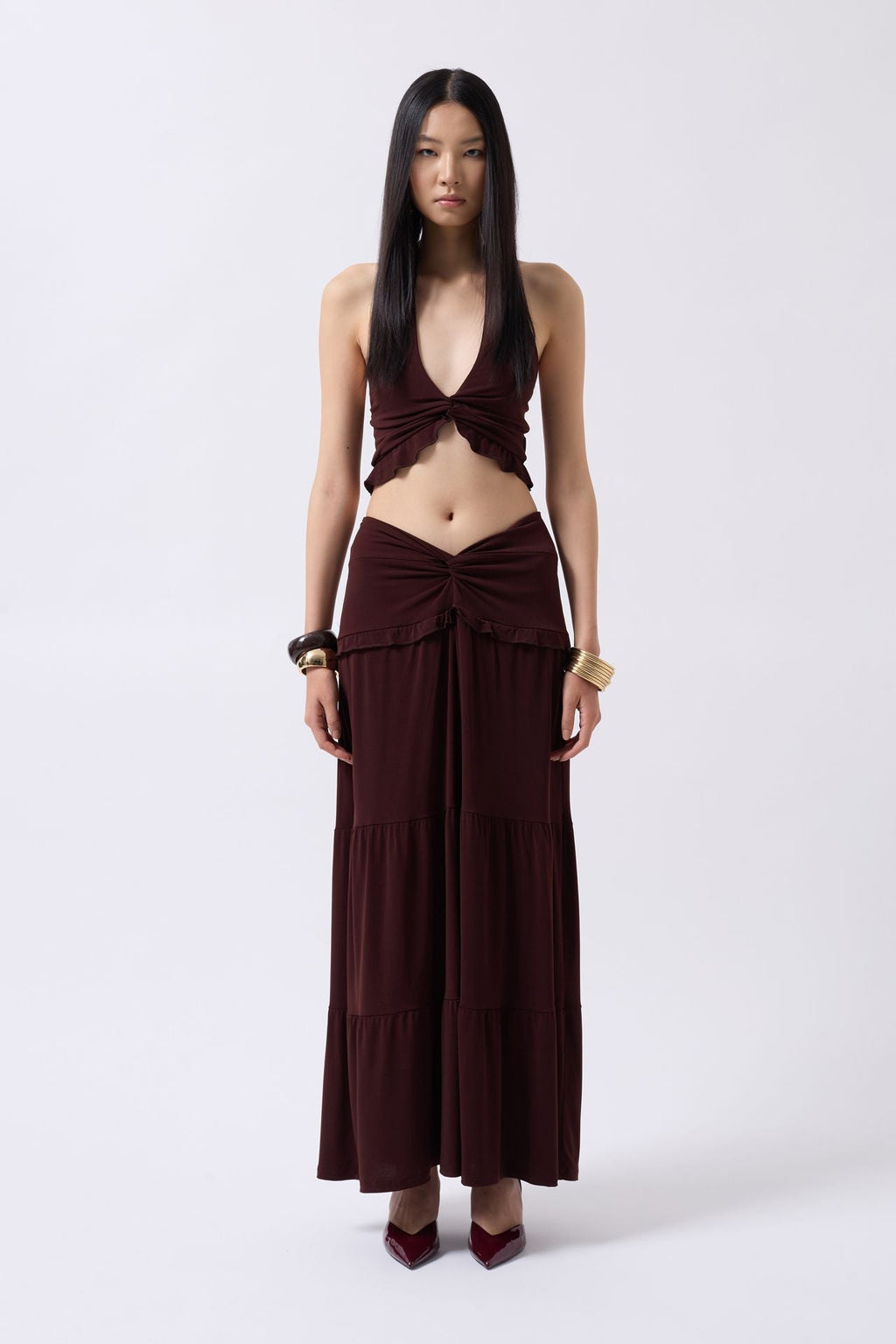 Ruched Detail Asymmetric Waist Brown Skirt
