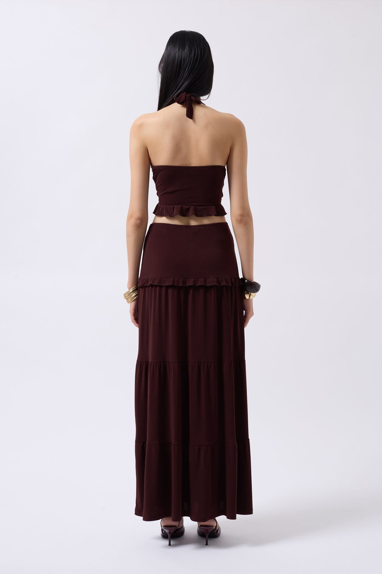 Ruched Detail Asymmetric Waist Brown Skirt