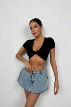 Ruched Detay Black Crop Blouse