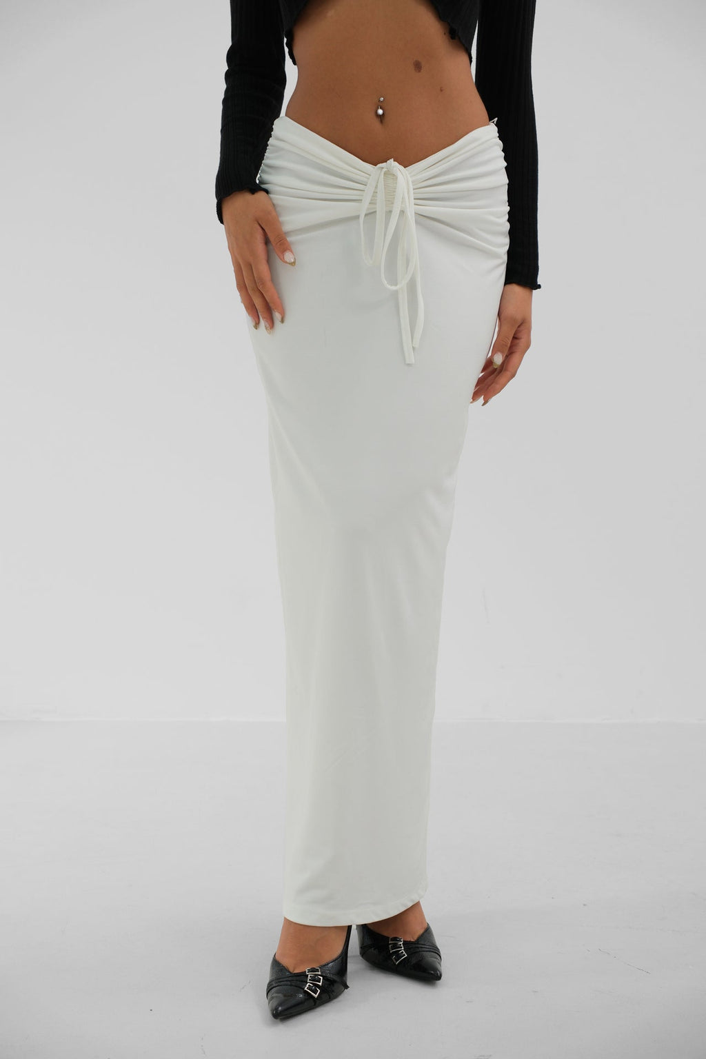 Ruched Detail Ecru Maxi Skirt