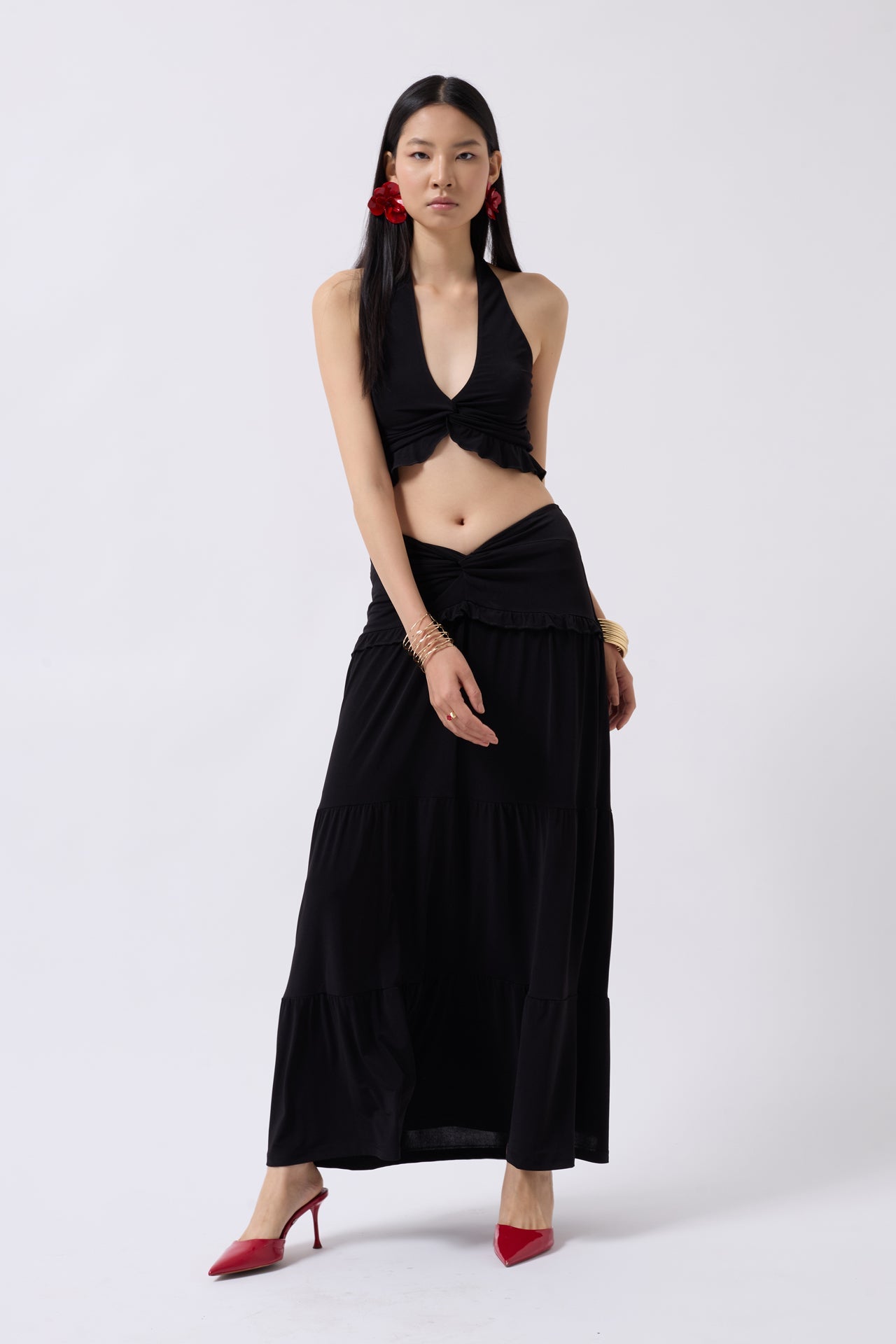 Ruched Detail Asymmetric Waist Black Skirt