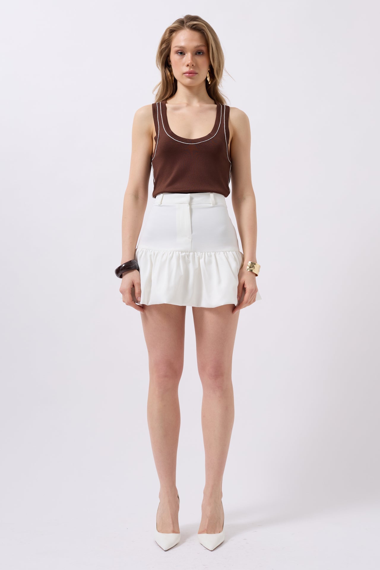 Ruched Detail Mini White Skirt