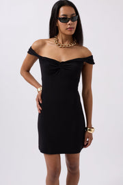 Mini Black Dress with Gathered Detail and Shoulder Straps