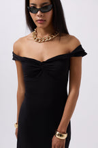 Ruched Detail Shoulder Strap Mini Black Dress