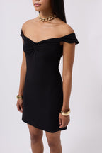 Ruched Detail Shoulder Strap Mini Black Dress
