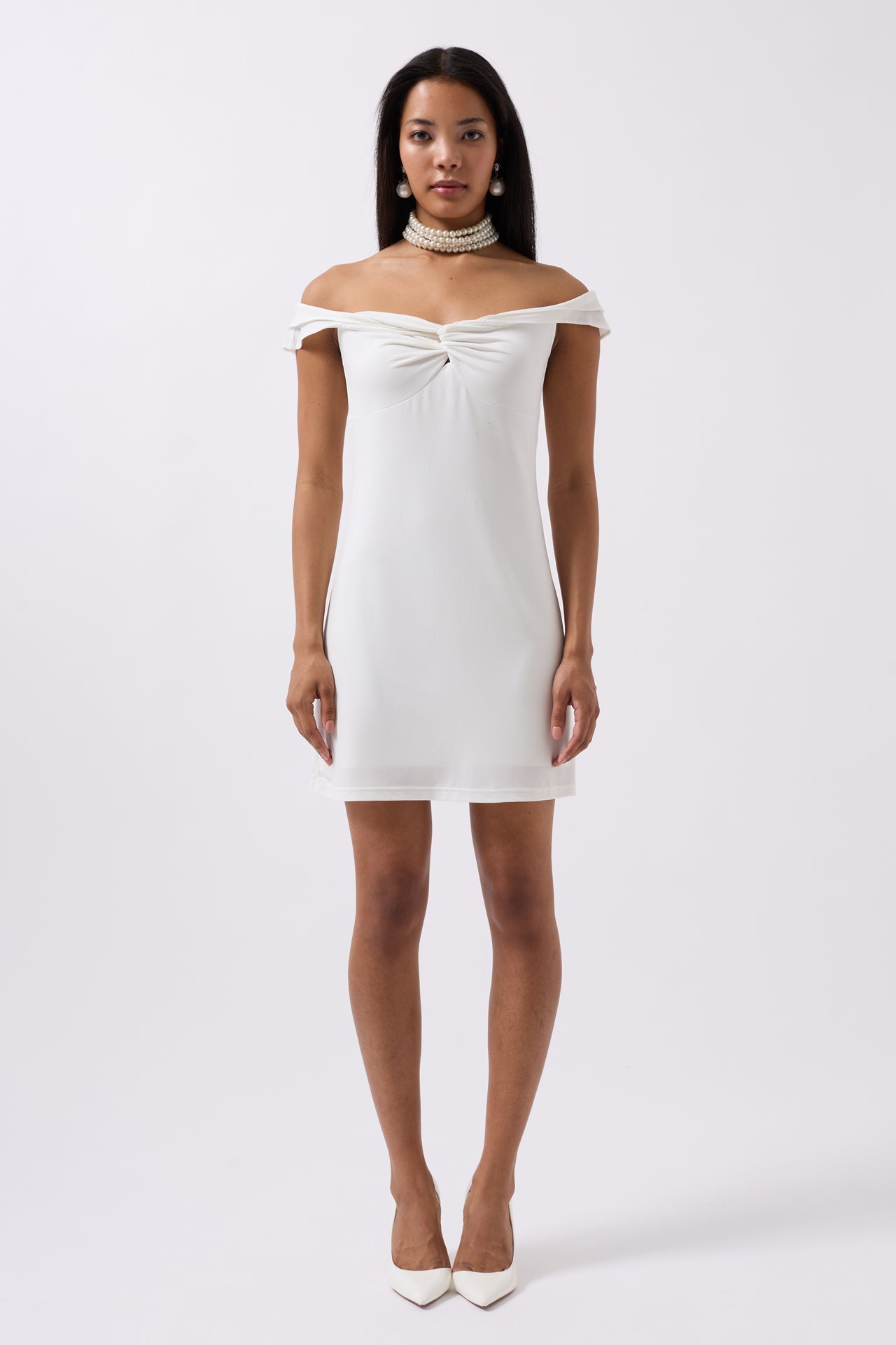 Ruched Detail Shoulder Strap Mini Ecru Dress