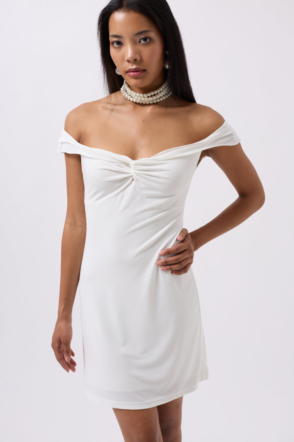 Ruched Detail Shoulder Strap Mini Ecru Dress