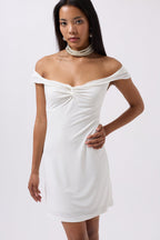 Ruched Detail Shoulder Strap Mini Ecru Dress