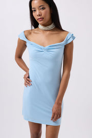 Mini Baby Blue Dress with Gathered Detail and Shoulder Straps