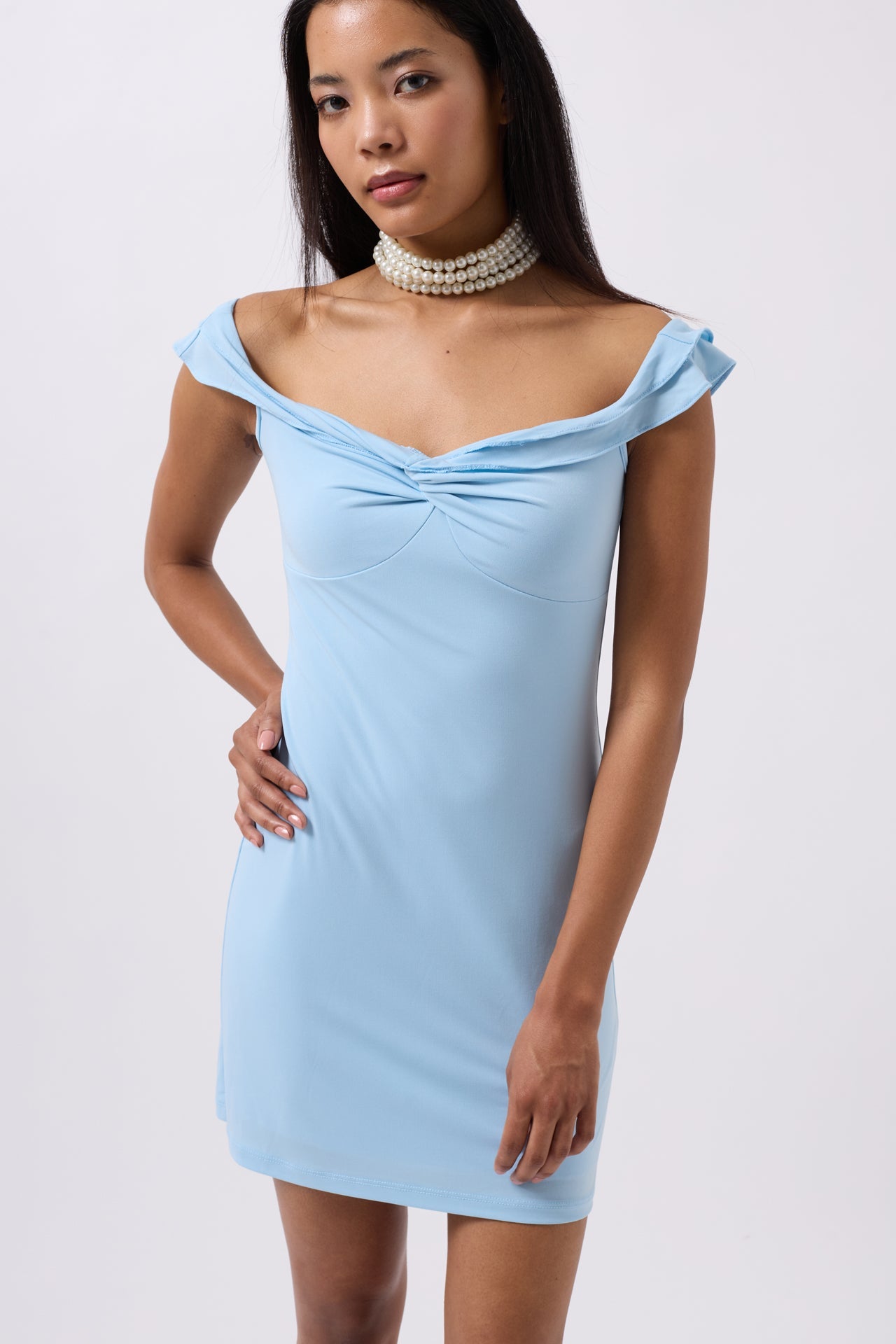 Ruched Detail Shoulder Strap Mini Baby Blue Dress