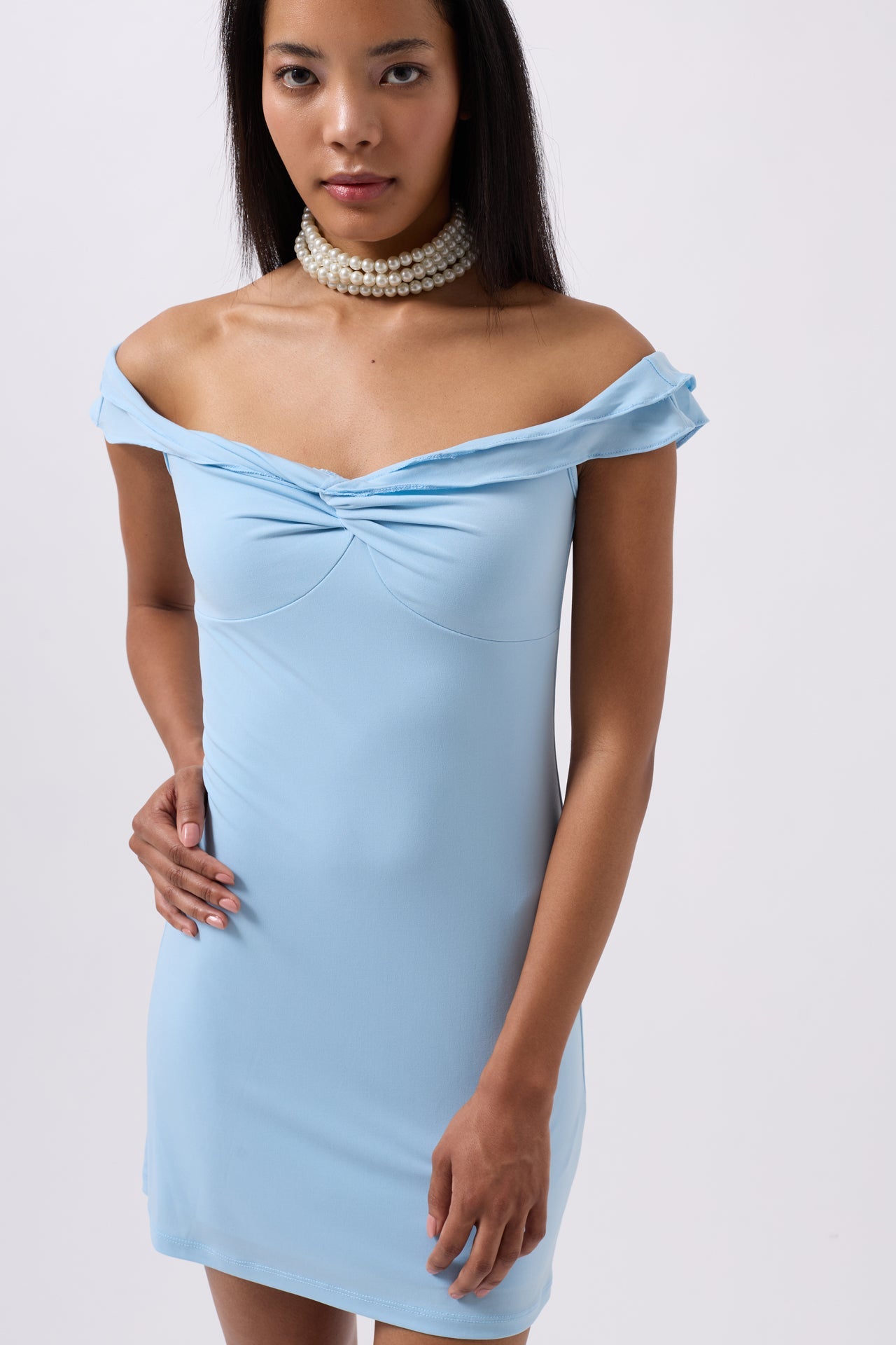 Ruched Detail Shoulder Strap Mini Baby Blue Dress