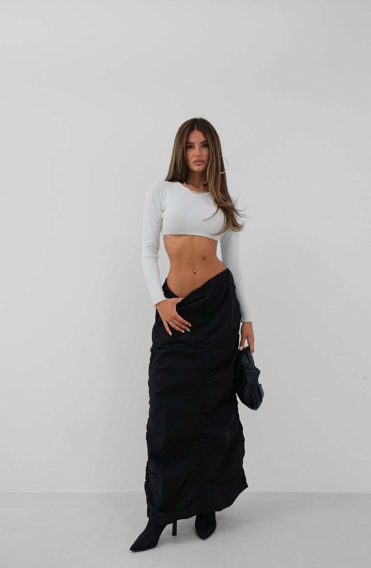 Gathered Detail Black Maxi Skirt