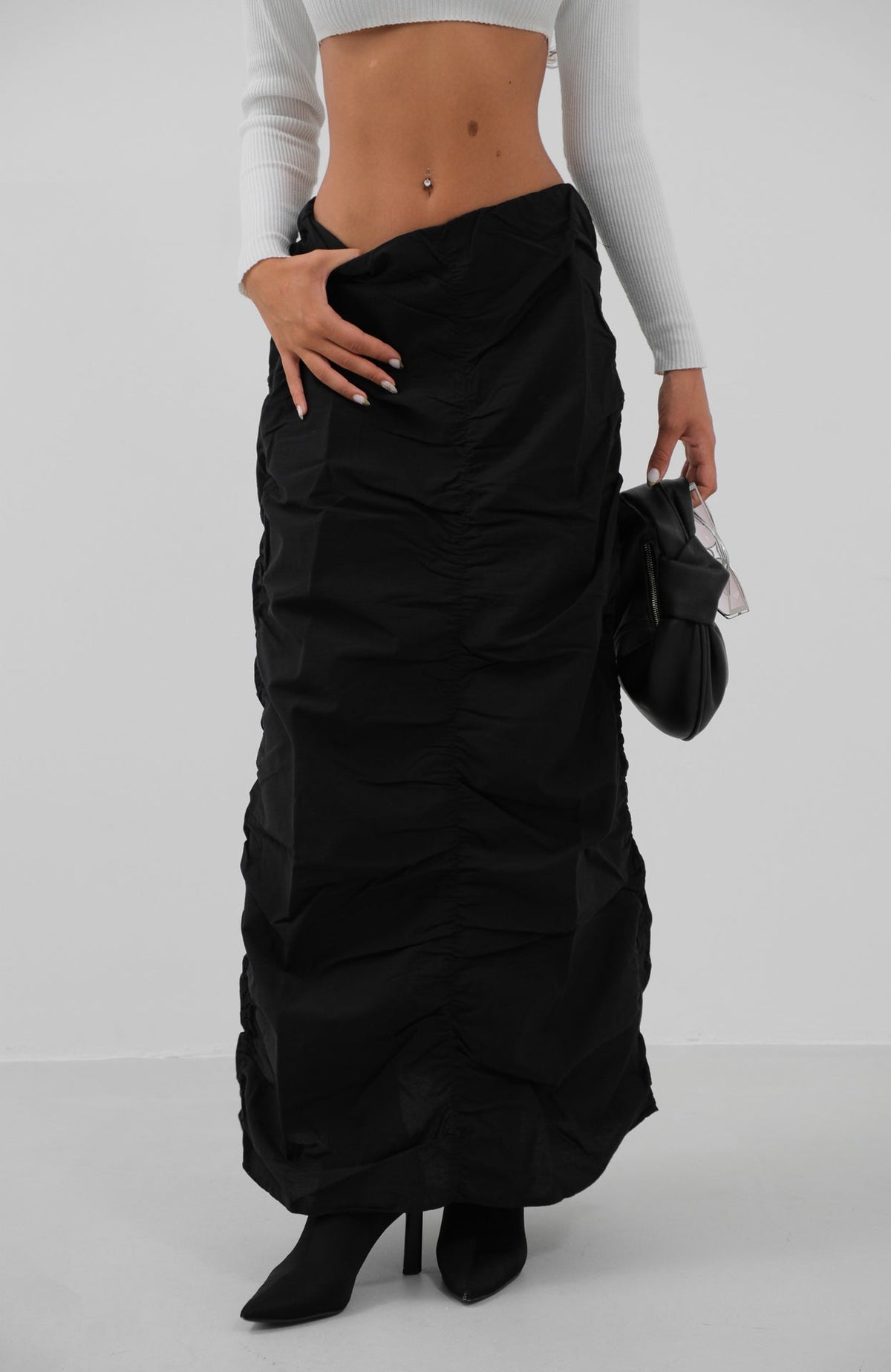 Gathered Detail Black Maxi Skirt