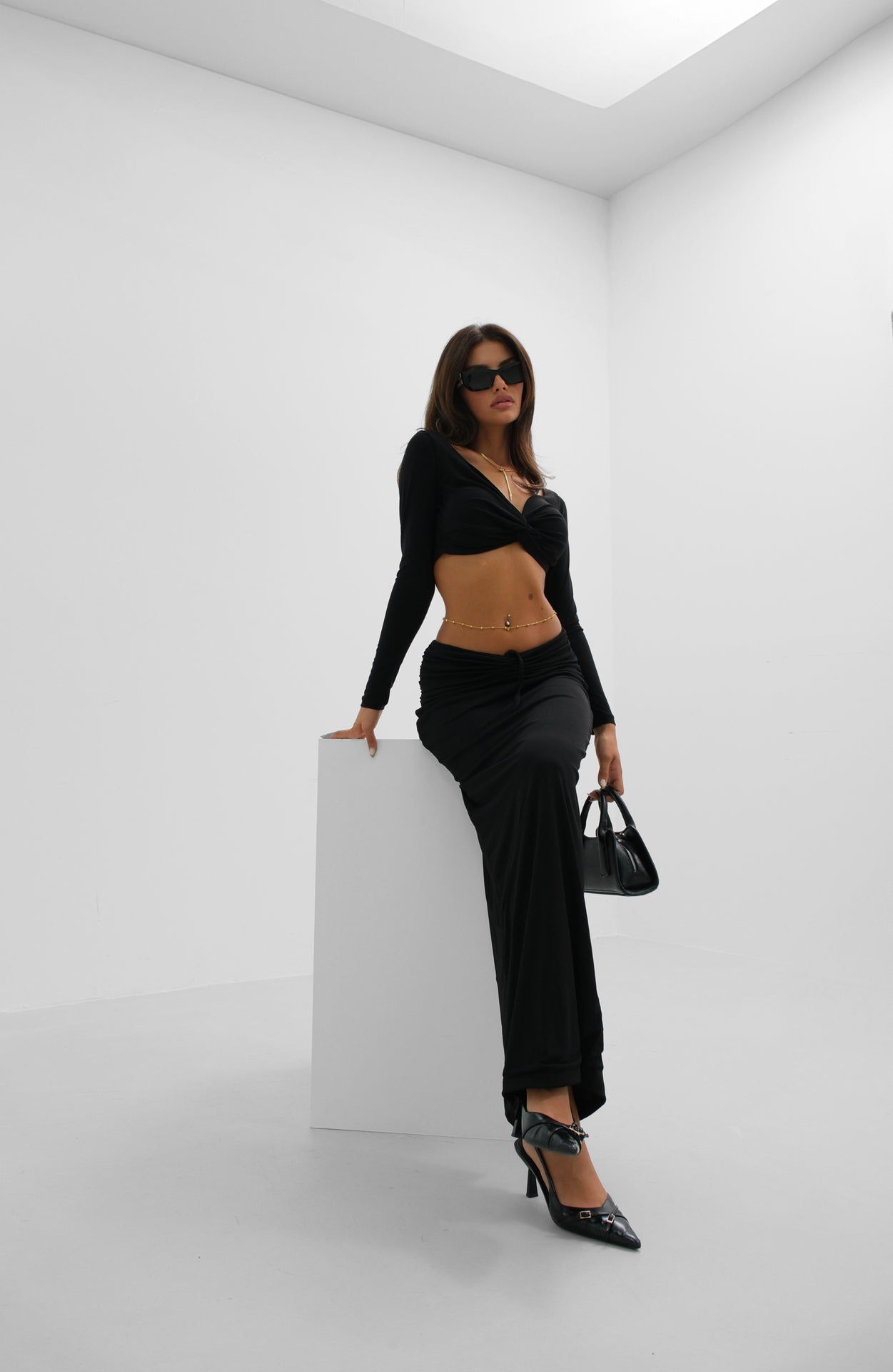 Ruched Detail Black Maxi Skirt
