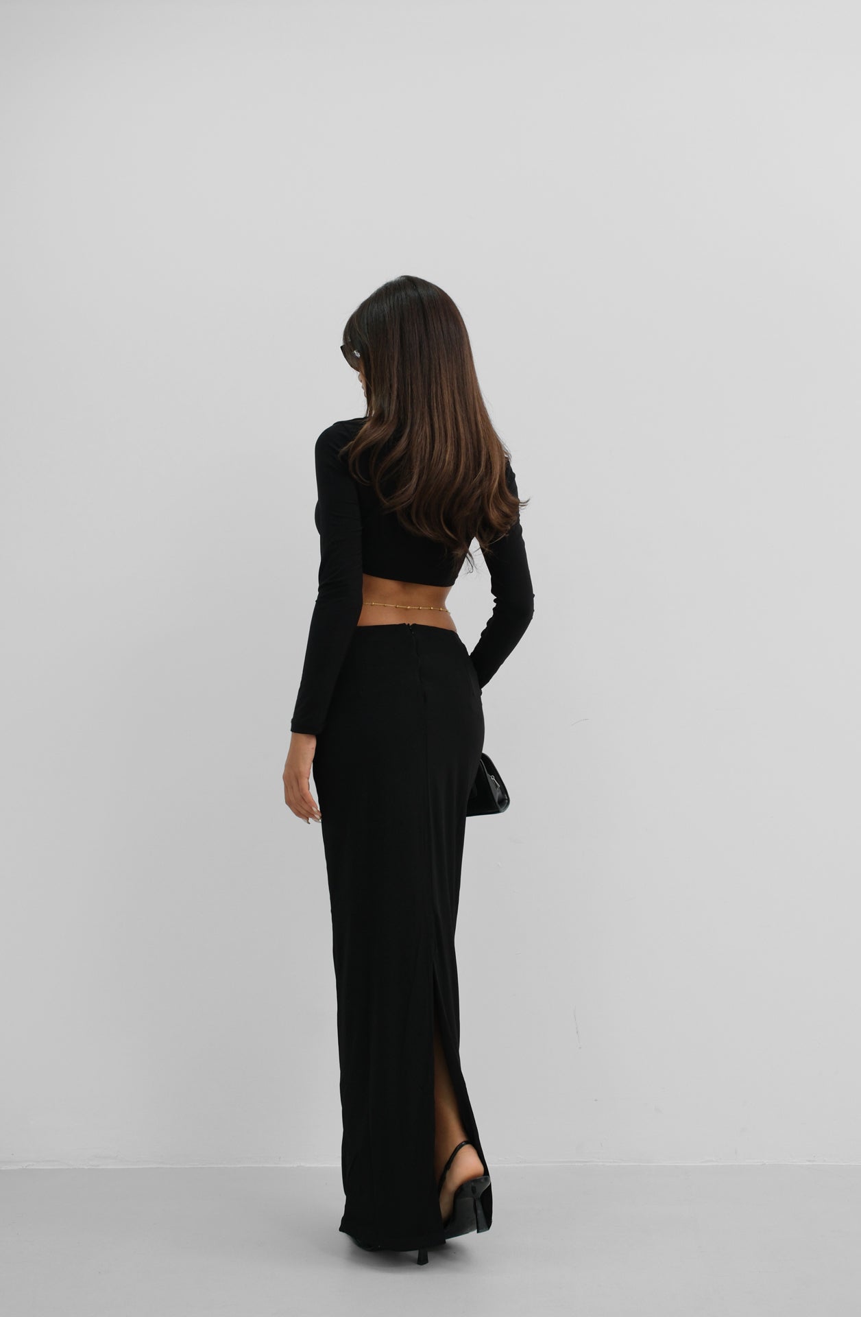 Ruched Detail Black Maxi Skirt