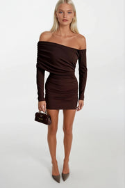 Gathered Detail Brown Strapless Mini Dress