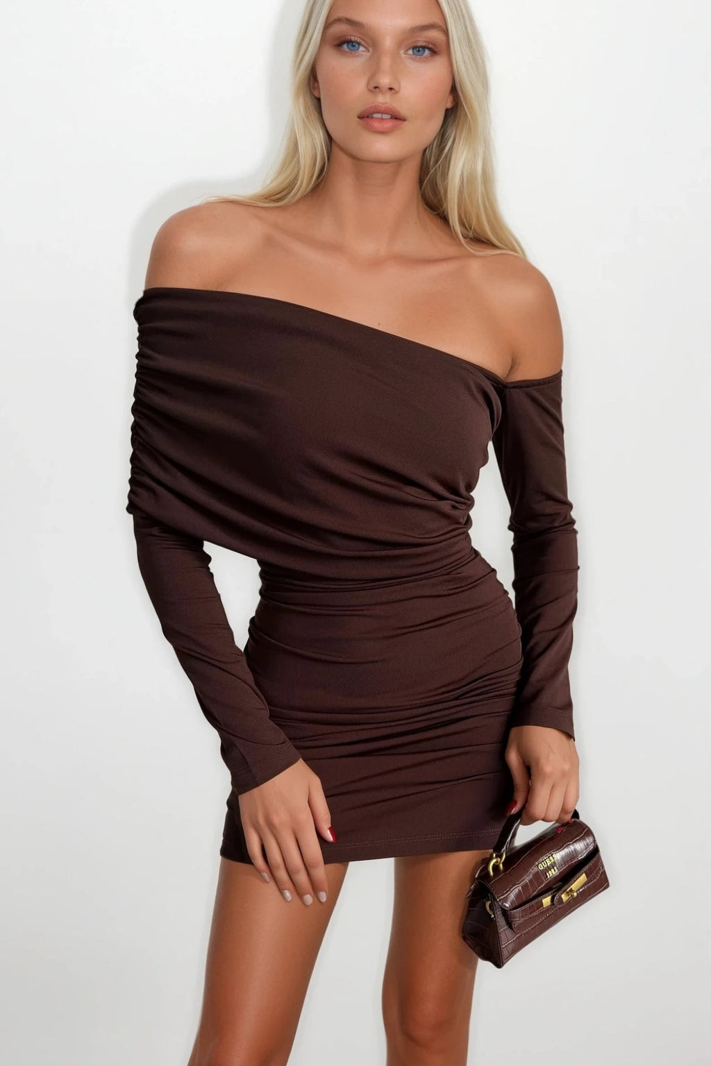 Ruched Detail Brown Straplez Mini Dress