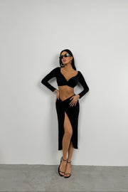 Gathered Detail Long Sleeve Black Crop Blouse