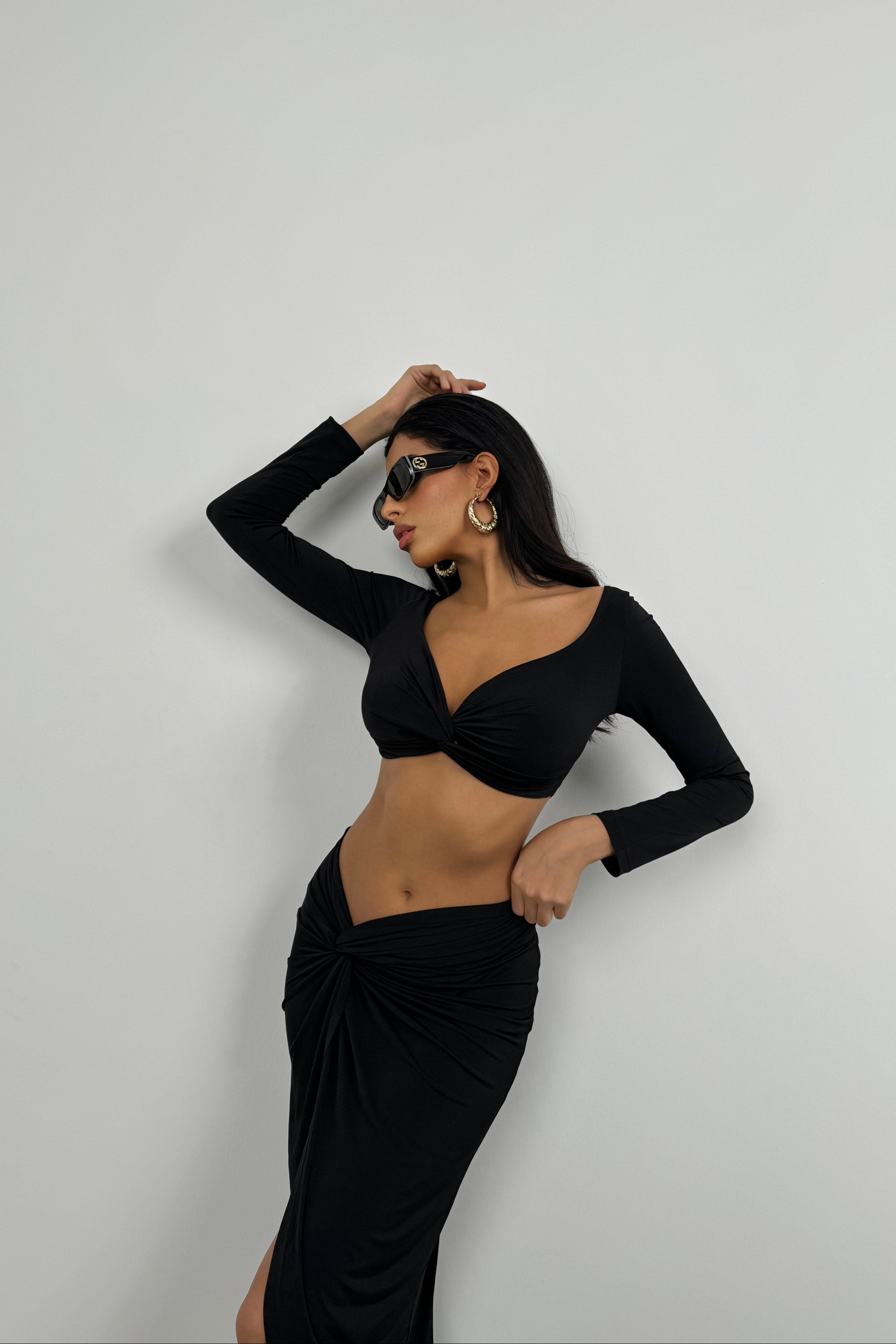Ruched Detail Long Sleeve Black Crop Blouse