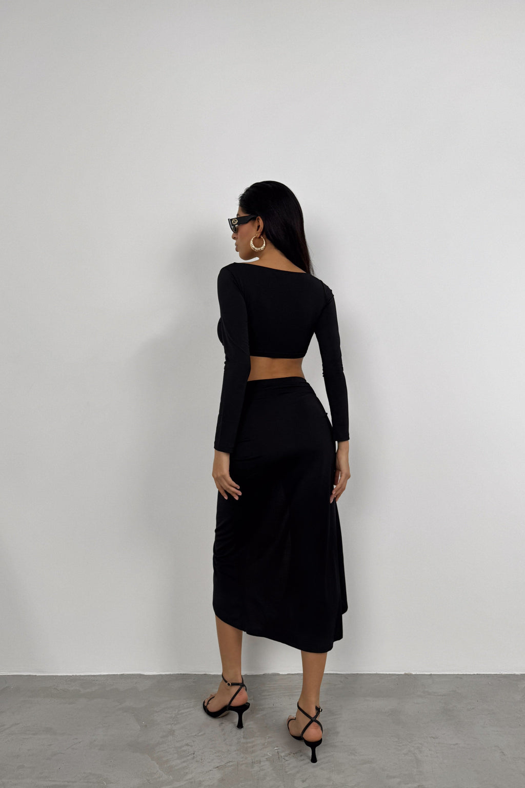 Ruched Detail Long Sleeve Black Crop Blouse