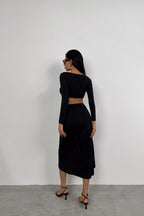 Ruched Detail Long Sleeve Black Crop Blouse