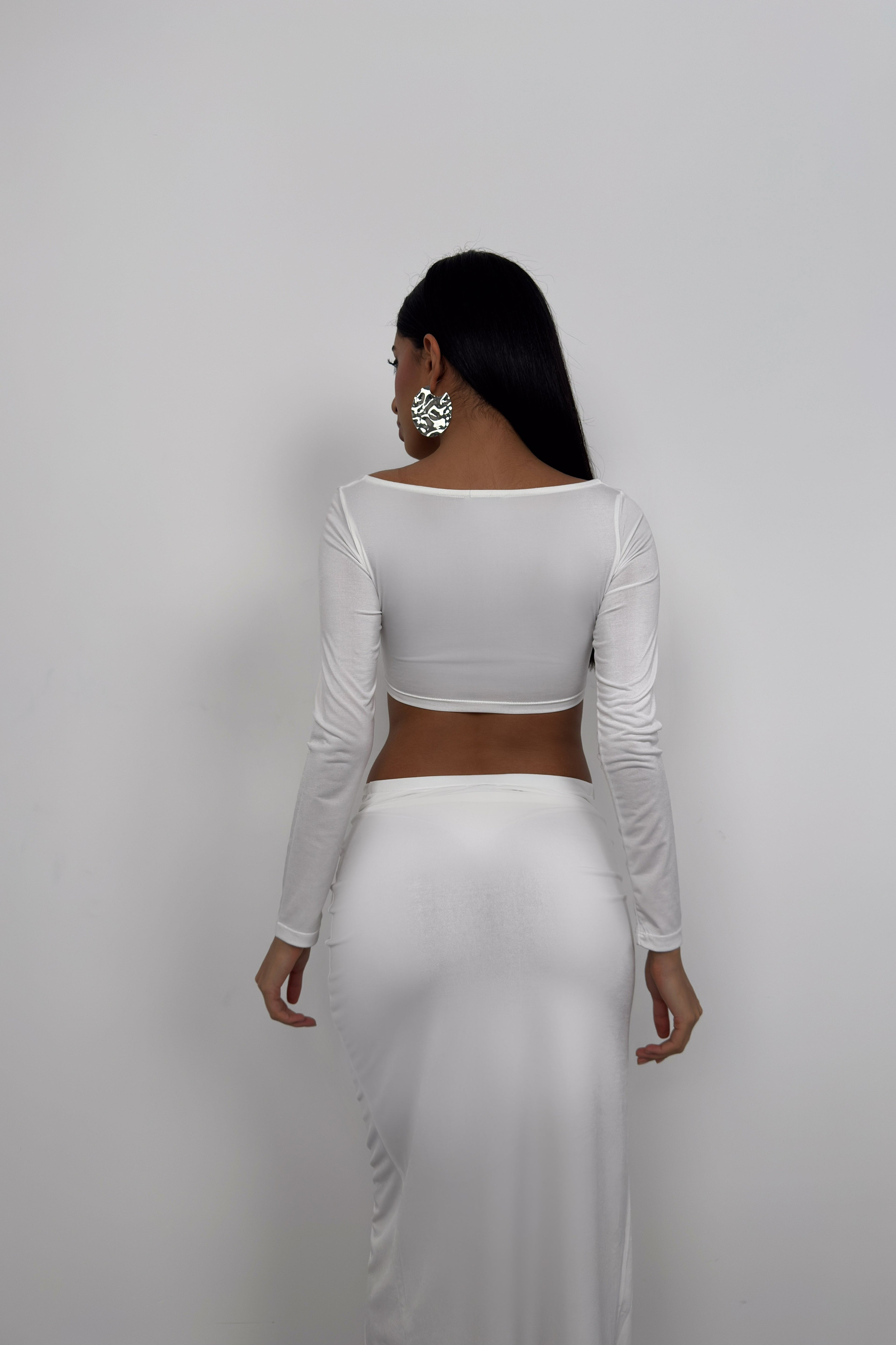 Ruched Detail Long Sleeve Ecru Crop Blouse