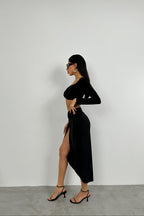 Ruched Detail Black Slit Skirt