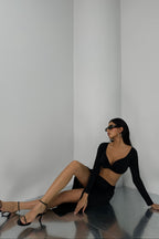Ruched Detail Black Slit Skirt