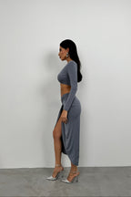 Ruched Detay Gray Slit Skirt